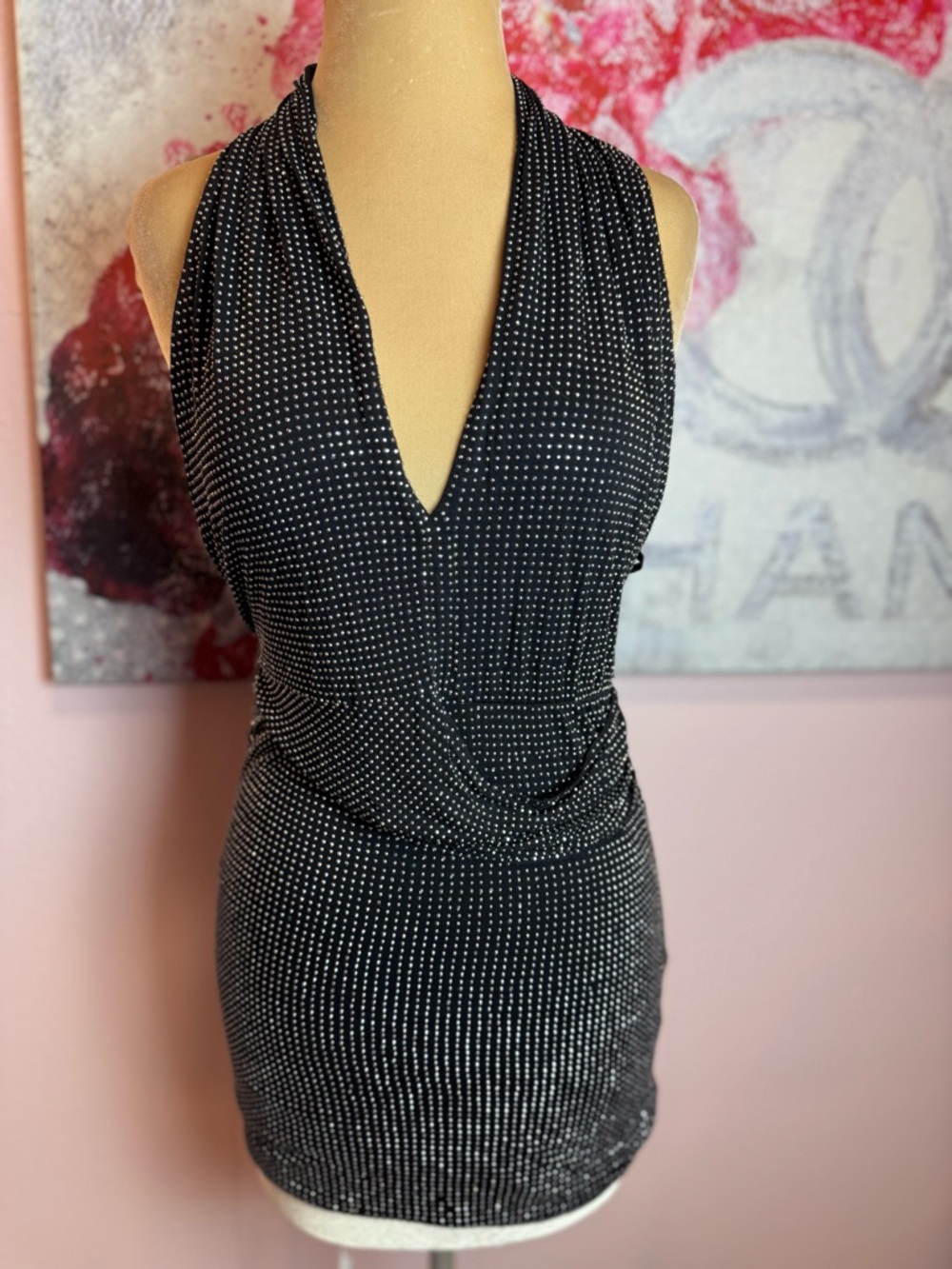 bebe Black Halter Backless Studded Mini Dress